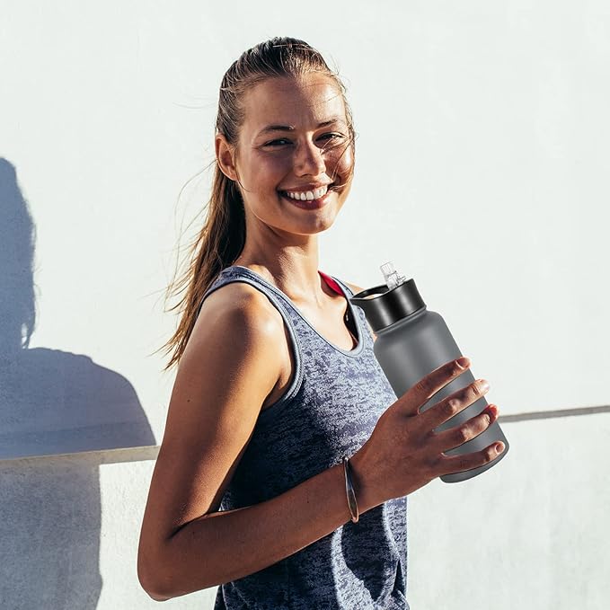 32 oz Insulated Water Bottle Bulk 4 Pack, Stainless Steel Sports Water Bottles with Straw Lid & Wide Mouth Lids, Double Walled Vacuum, Leak Proof, Gray