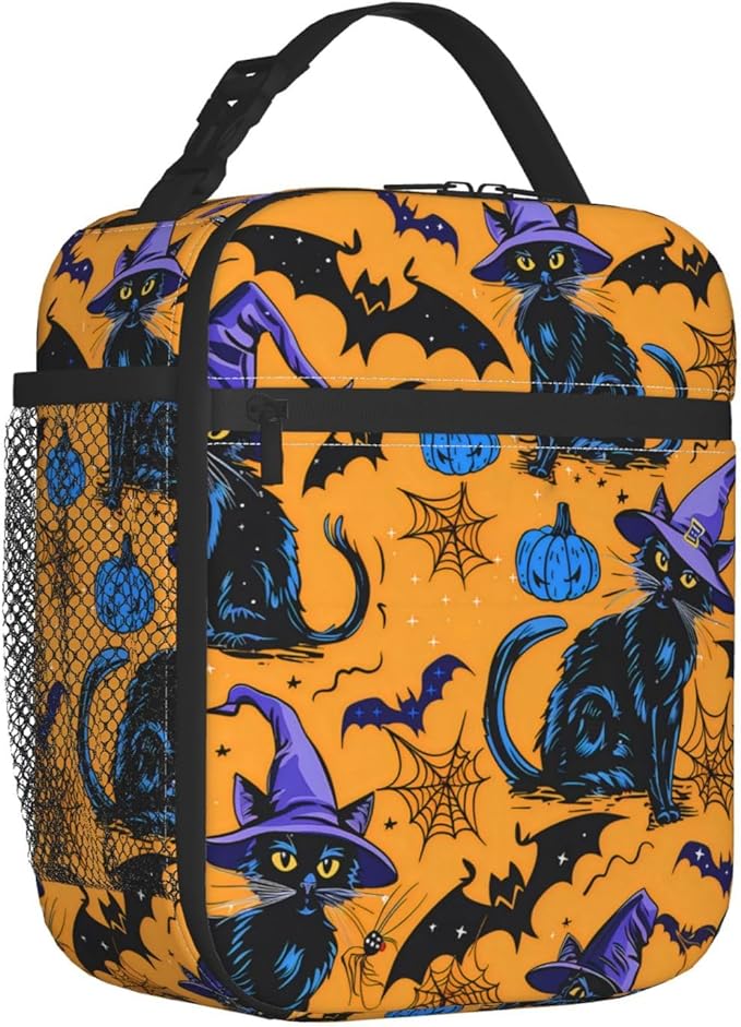 Witchy Cat Polyester Lunch Box for Kids Teen,Gothic Reusable Thermal Lunch Bag for Adult Women,Goth Bat Insulated Tote Cooler Bags for School,Work,Picnic,Travel,Halloween Design