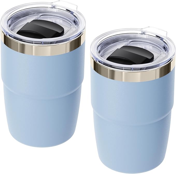 8 oz Espresso/Coffee Cup with Magnetic Lid, Ceramic-Lined 18/8 Stainless Steel, Double-Wall Vacuum Insulated, Stackable, Dishwasher Safe, Mini Tumbler for On-the-Go (Pastel Blue, 2 Pack)