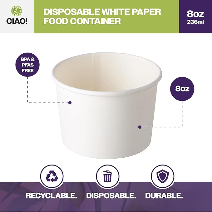 CIAO! 8OZ Disposable White Paper Food Container, 90mm Diameter, Lids Sold Separately (1000/case)