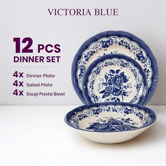 Tudor Royal 12-Piece Porcelain Round Dinnerware Set, Service for 4, Victoria Blue Design, Blue Floral, Plates Bowls Dishes, Glossy, Premium Quality Tableware, Unique Pattern