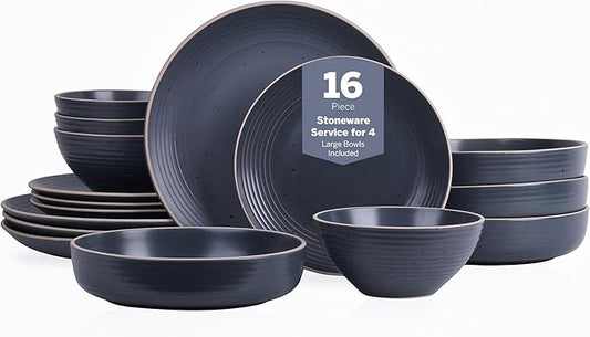 Stone Lain Lauren Modern Stoneware 16-piece Round Dinnerware Set, Plates and bowls Set, Dish set for 4, Charcoal