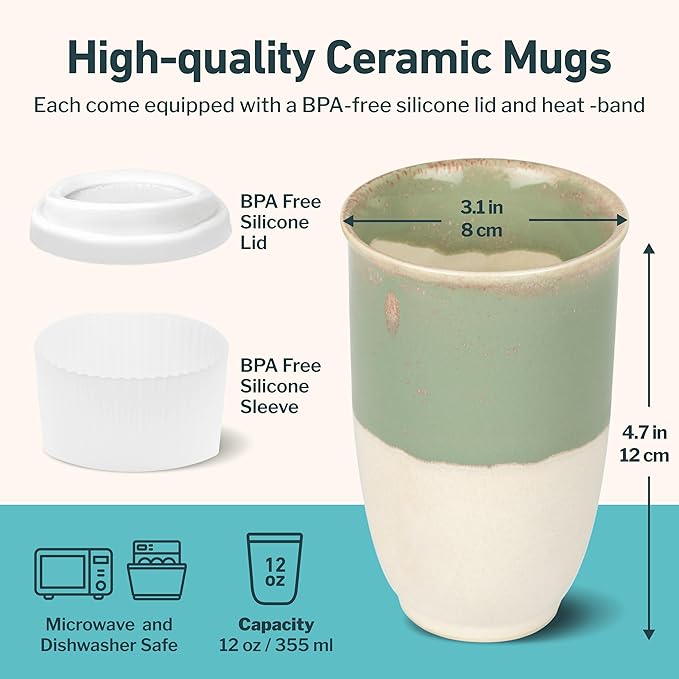 Travel Mug - Ceramic To Go Coffee Mug With Lid – Travel Mug Ceramic To Go Cup – Microwave & Dishwasher Safe Ceramic Coffee Mug With Lid - Gifts For Women Men Him Her – 12oz – Sage Green
