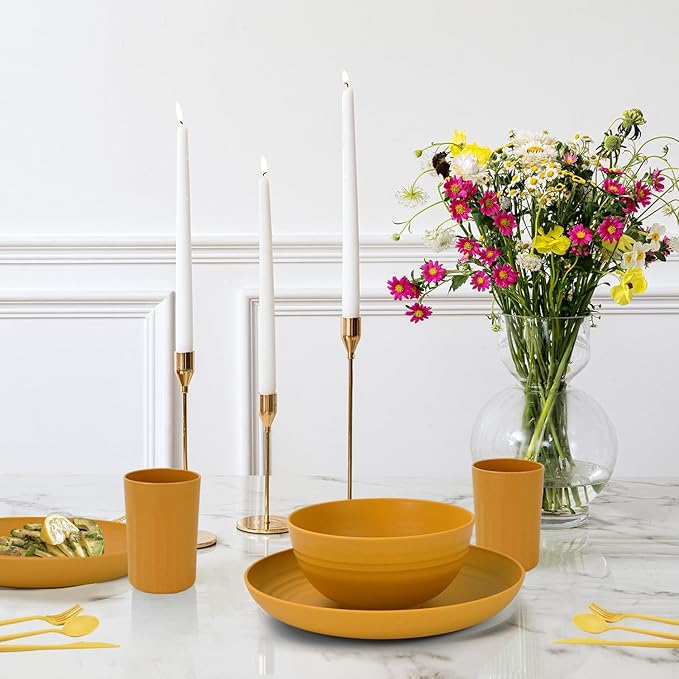 28-Piece Wheat Straw Dinnerware Sets, Microwave & Dishwasher Safe Unbreakable Dinnerware Set, Reusable Dishware Sets, Lightweight Camping Dishes, Plates, Cups, Cereal Bowls for 4(Yellow Orange)