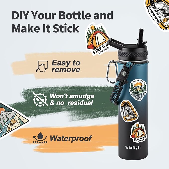 24 oz Insulated Water Bottle with Straw (Cold for 48 Hrs), Stainless Steel Triple Wall Vacuum Sports Water Jug, Leakproof Hydro Cup Flask with Paracord Handle & Straw Spout Lids & DIY Stickers