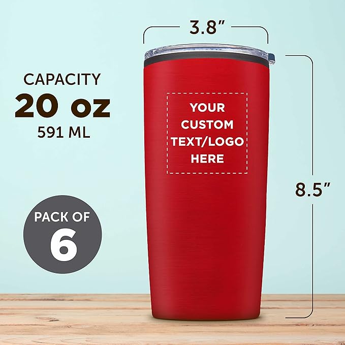 Custom Plastic Tumblers 20 oz. Set of 6, Personalized Bulk Pack - With lids, Ice Coffee Tumbler, To Go Cup, Insulated - Red