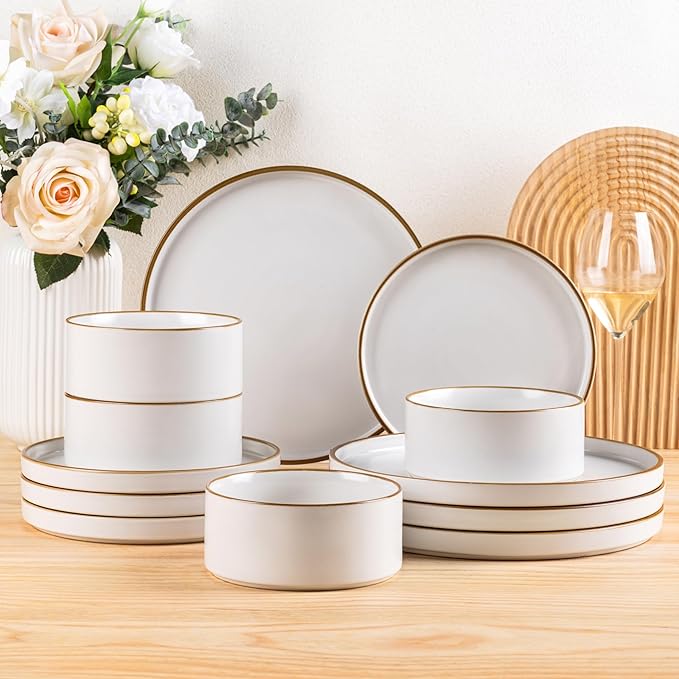 LERATIO Ceramic Dinnerware Sets for 4,Matte Stoneware Plates and Bowls Set, Chip and Crack Resistant | Oven & Dishwasher & Microwave Safe Dishes Set, Service for 4-Dusted Gold Rim