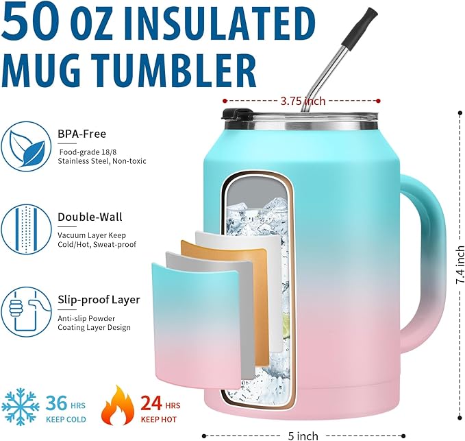 Insulated Tumbler with Lid and Straw - 50 oz Coffee Mugs w/Handle, Silicone Water Bottle Boot, Wide Mouth Stainless Steel Large Flask Jug, Office Home Work Travel Cup Keep Cold 36 Hrs