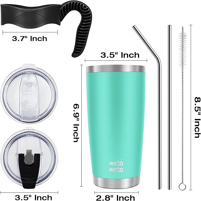 WETOWETO 20oz Tumbler with 2 lids and 2 straws, Stainless Steel Vacuum Insulated Coffee Tumbler Cup, Double Wall Powder Coated Travel Mug (Cyan, 1 Pack)