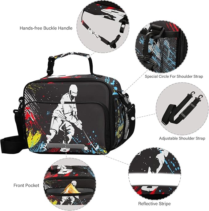 ALAZA Hockey Player Kids Lunch Box Lunchbox Insulated Reusable Meal Container Lunch Bag with Shoulder Strap for School Girls Boys