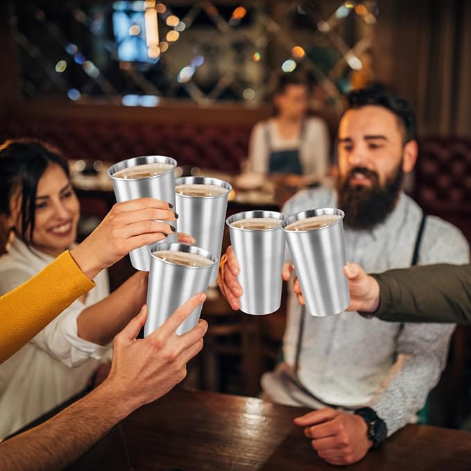 QWORK 16 Ounce Stainless Steel Pint Cups - 10 Pack 450ml 304 Steel Cup - for Coffee, Tea, Cold Drinks, Home and Outdoor Use