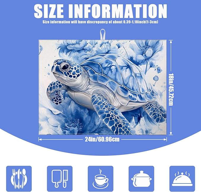 Watercolor Turtle Floral Dish Drying Mat for Kitchen Counter Drying Pad Absorbent Reversible Dish Drainer Rack Mats Draining Pad 18"x24"Inch