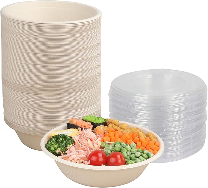 32 oz Round Disposable bowls with lids,Sugarcane Paper Bowls take away food containers Plant Fibers Freezer Safe 50 Pack