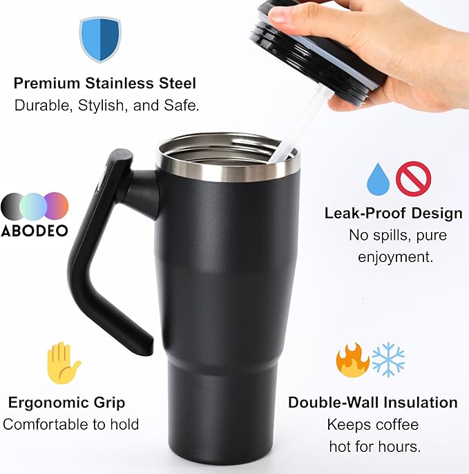 32 oz Stainless Steel Insulated Coffee Tumbler | Straw and Leakproof Lid | Double Wall Vaccum Insulation Tumblers, Travel Coffee Mug with Handle | Fits Most Car Cup Holders (Blue & Red)
