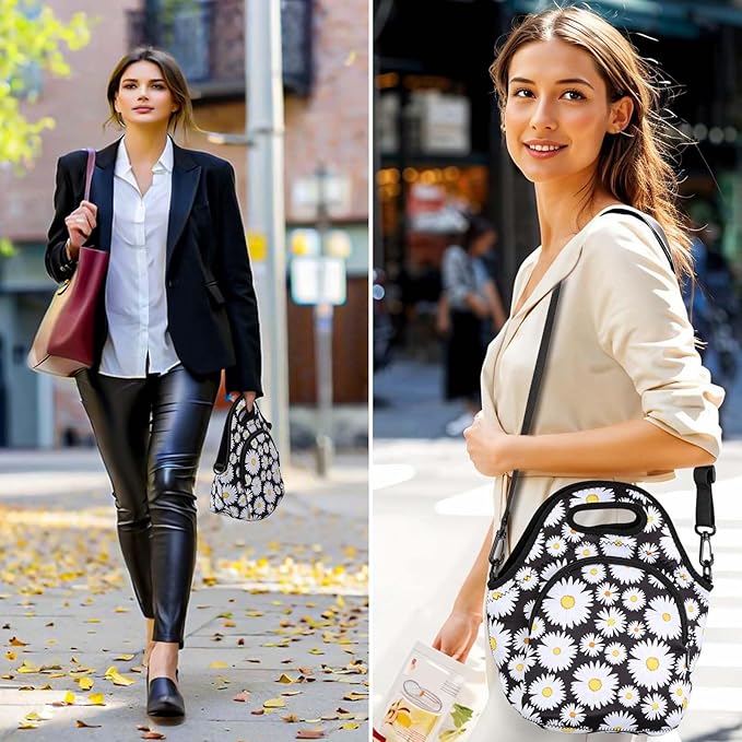 CILLA Neoprene Lunch Bag for Women Insulated Lunch Tote Bags Washable Lunch Container Box Picnic Lightweight Meal Prep Bags(White daisy+)