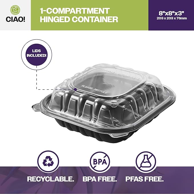 CIAO! 8"x8"x3" Polypropylene Black bottom with Clear Lid Hinged Container 1 Compartment Take Out Container, Microwavable, Recyclable and Reusable, (Case of 150)