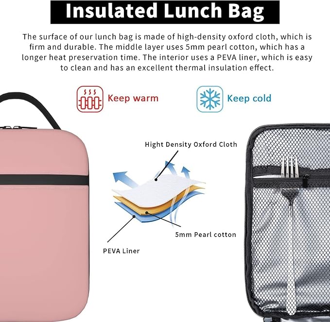 Pink Lunch Bag Washable Thermal Picnic Box Reusable Insulated for Women Adults Office Work
