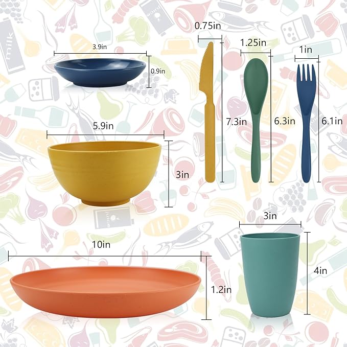 Wrova Wheat straw plates and bowls sets with cutlery - Unbreakable wheat straw dinnerware sets of 28 - Microwave safe plates,bowls,cups for camping,kitchen,new apartment.Colorful