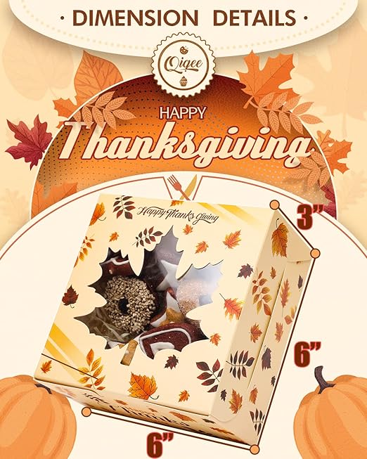 qiqee Thanksgiving Bakery Box with Window 36packs 6x6x3 Gold Leaves Cookie Boxes Pastry Box for Thanksgiving Day
