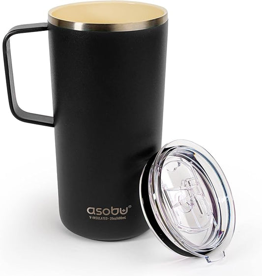 asobu Tower Mug Ceramic Inner Coated Insulated Stainless Steel Cup for Pure Tasting Coffee with Easy Hold Handle and Tritan Lid Fits Standard Cup Holders 20 Ounce Travel Mug (Black)