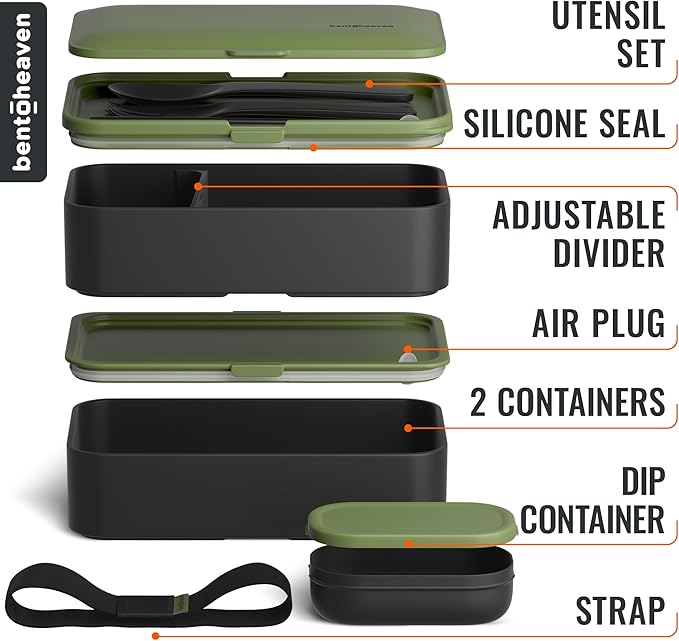 Bentoheaven Premium Bento Box Adult Lunch Box with Compartments for Women & Men, Set of Utensil & Chopsticks & Dip Container, Cute Japanese Kids Bento Lunch Box, Microwavable (Olive Garden)