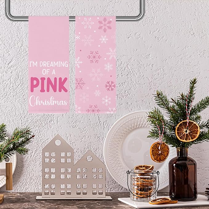 Pink Christmas Kitchen Towels,Christmas Decor Pink Bathroom,Xmas Gifts, Holiday Snowflakes Decorative Absorbent Dish Cloths and Tea Towels for Bathroom Decor 14 x 23 Inches