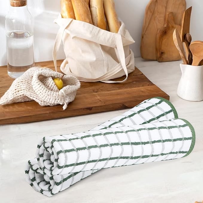 Urban Villa Kitchen Towels Green/White Set of 3 Terry Kitchen Towels 100% Cotton Ultra Soft Size 20X30 Inches Highly Absorbent Over Sized KitchenTowels with Hanging Loop KitchenTowels