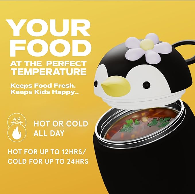 Bestie Foodie Kids Insulated Food Jar – Cute Character Lunch Container for Children, BPA-Free Stainless Steel, Leakproof & Vacuum Sealed, Keeps Food Hot or Cold, Easy to Clean, 16oz