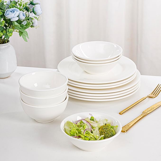 16 Piece White Dinnerware Sets for 4, Porcelain Plates and Bowls Sets, Dishwasher Oven and Microwave Safe - Elegant Kitchen Dish Sets, QOMO-1996