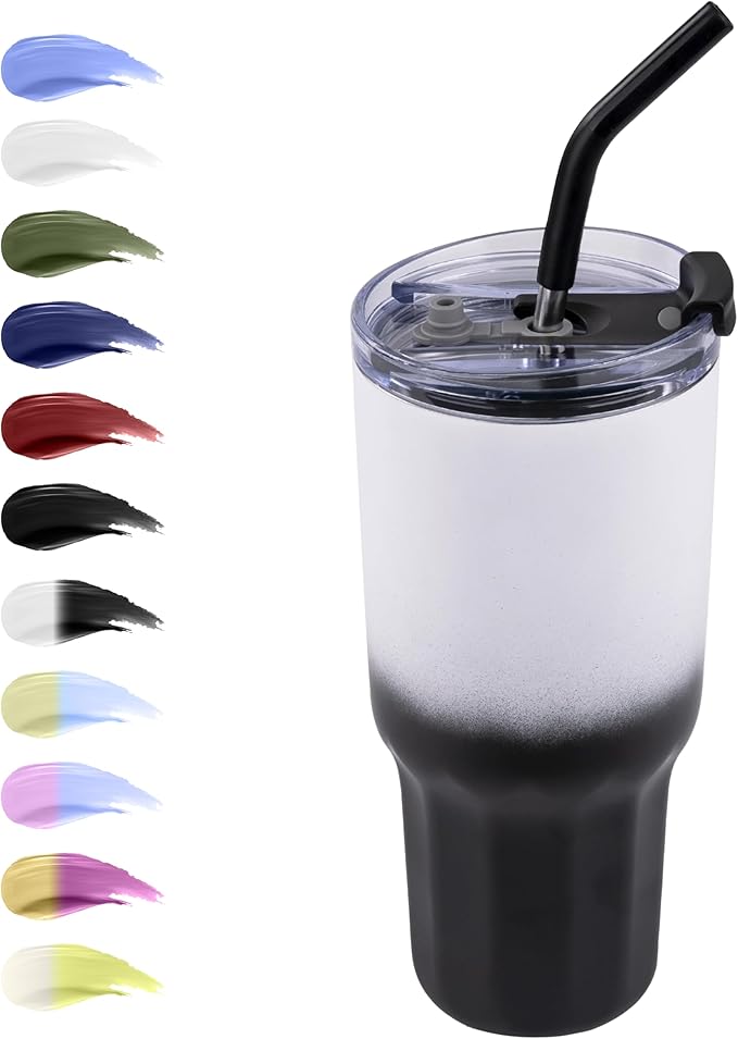 VEGOND 30 oz Insulated Stainless Steel Tumbler with lid and straw Double Wall Vacuum Travel Coffee Mug with Non-Slip Silicone Base, Sweat Proof Powder Coated Cup for Hot Cold Drinks, Black and White