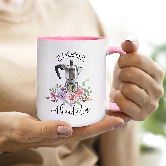 QASHWEY Abuelita Gifts Coffee Mugs, Grandma Gifts, Mothers Day Grandma Mug Coffee Tea Cup Gifts for Grandmas SpanishAbuelita, El Cafecito De Abuelita CoffeeCups Ceramic 11oz (Pink)