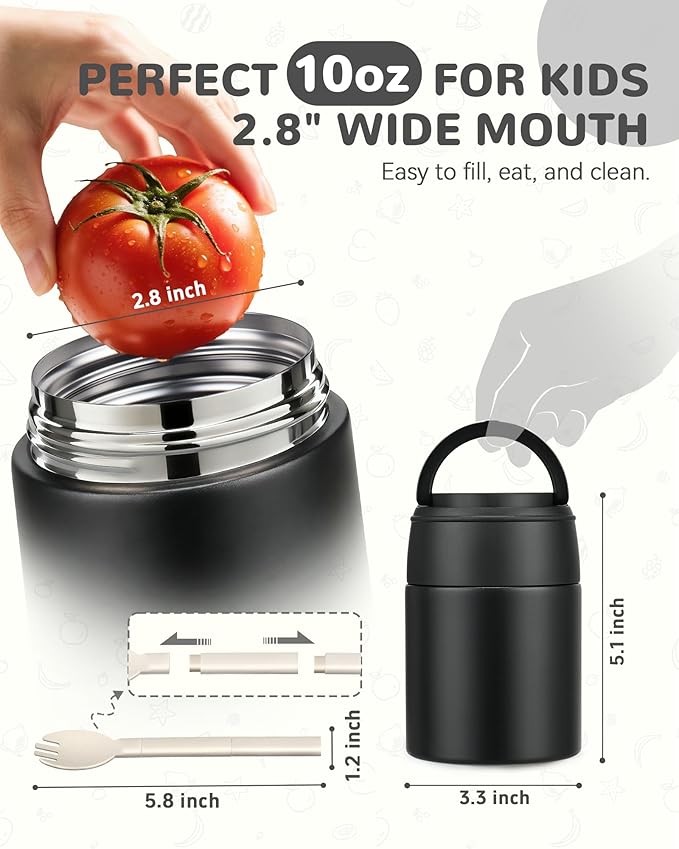 10oz Soup Thermo for Hot Food Kids Insulated Food Jar with Spoon Wide Mouth Stainless Steel Lunch Container Leak Proof Vacuum Food Box for School Travel Picnic Black