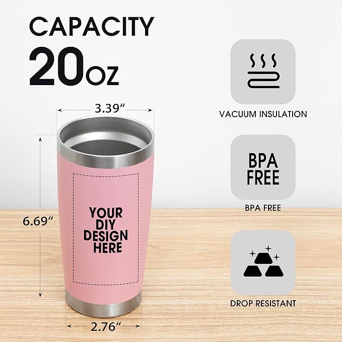 Personalized Custom Tumbler Print in USA 20oz Stainless Steel Coffee Cup with Lid & Straw Double Wall Insulated Tumbler with Colorful Text Logo Photo