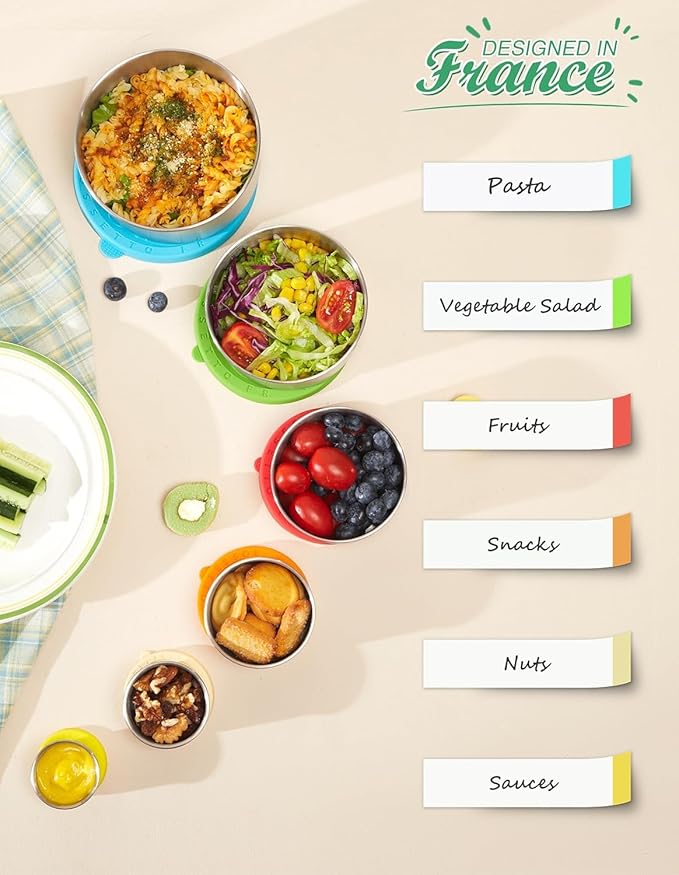 Stainless Steel Food Container, Set of 6, Nesting Bowls with Colorful Lids, stackable leakproof Metal Lunch Box Set for Kids, Daycare, School, Travel. Sauce Salad dressing Container to go (Serenity)