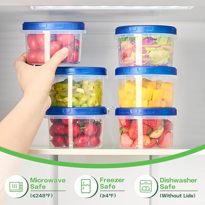 Qeirudu 10 Pack 16oz Freezer Storage Containers with Screw Lids, Leakproof Meal Prep Containers, Small Plastic Food Storage Containers for Soup, Fruits, Leftovers, Salads, Oats