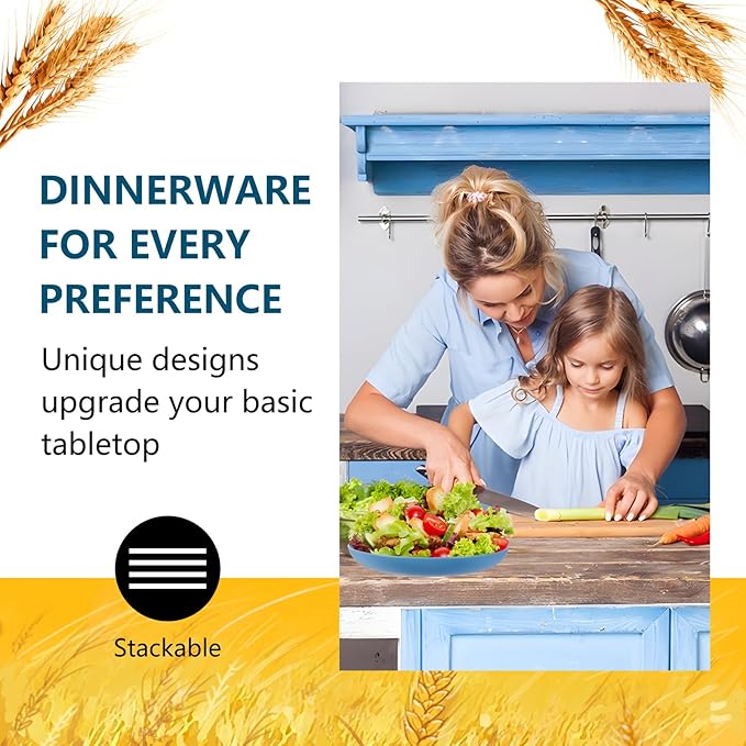 Rubtlamp 16pcs Wheat Straw Dinnerware Set, Unbreakable Plates And Bowls Sets of 4, Plastic Plates Set Reusable (Cold Four Colors) for Camping