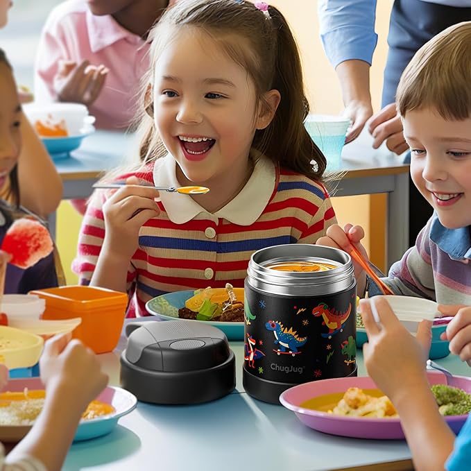 15 oz Soup Thermo for Hot Food Kids Insulated Food Jar with Spoon, Lunch Thermo Container, Width Mouth Vacuum Stainless Steel Food Thermo for School Travel, Leakproof, Easy to Open(Black)