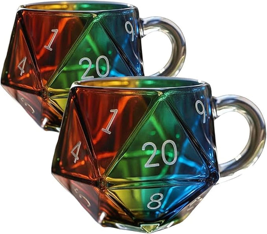 Rainbow Glass D20 Dice Mug, Polyhedral Dice Coffee Cup with Handle, Transparent Glass Game Mug for RPG Lovers, Fantasy Themed Gift for Game Night, Board Games Enthusiasts (2PCS)