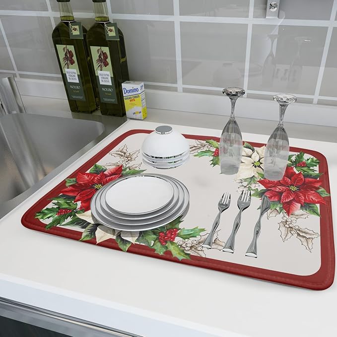 Christmas Dish Drying Mats for Kitchen Counter 18×24 Inch Red White Poinsettia Christmas Flower Large Microfiber Drying Mat Kitchen Accessories Dish Rack Mat Drainer Pad Washable Absorbent