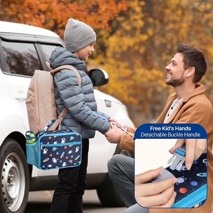 Bagseri Lunch Bag for Boys - Kids Lunch Bag Insulated Leak-Proof and Reusable Kids Lunch Box with Water Bottle Holder Toddler Lunchbox for Daycare and School, Dark Blue Space Astronaut