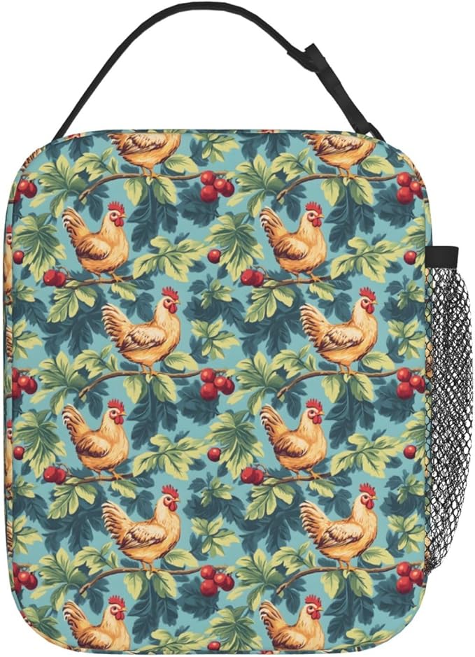 Chicken Lunch Bag, Polyester Tote Bags with Vintage Hen and Berry, Country Cottage Style Insulated Lunchbox, Portable Lunchbag Decor Gifts for Work, Picnic, School, Travel, Beach or Fishing