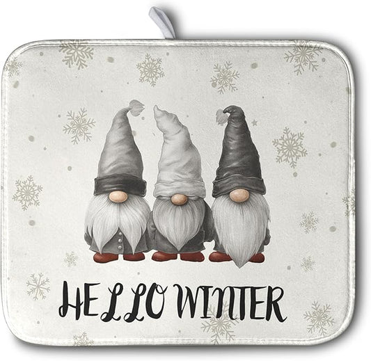 Winter Gnome Dish Drying Mat for Kitchen Counter 16x18 Christmas Snowflakes Santa Kitchen Drying Mat Hello Winter Dish Drainer Mat Super Absorbent Dish Rack Mat for Coffee Bar Countertop