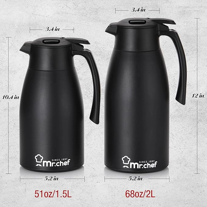 SINCE 1997 MR.CHEF 68Oz Thermal Coffee Carafe, Insulated Stainless Steel Coffee Carafes for Keeping Hot/Double Walled Vacuum Coffee Carafe (Black, 2L)