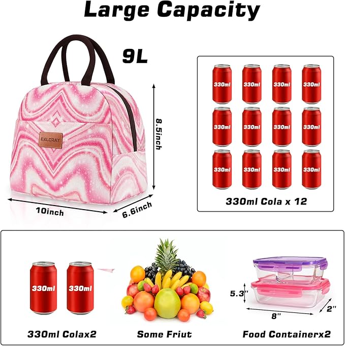 BALORAY Lunch Bag for Women Men Cute Reusable Insulated Lunch Box Large Capacity Lunch Tote Bag for Work, Picnic or Travel(Shimmery Pink)