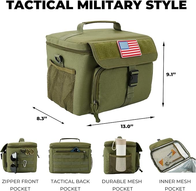Ronyes Tactical Lunch Box for Men,Large Insulated Lunch Bag with Shoulder Strap,Heavy Duty lunchbox Cooler MOLLE Webbing, Leakproof Pail for Work Camping Fishing-Green