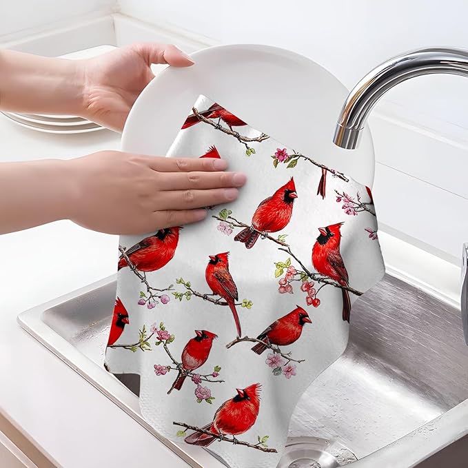 Red Cardinal Kitchen Towels Set of 2 Christmas Dish Towels Absorbent Tea Hand Towel for Baking Cooking, Cardinal Lovers Gifts for Women, Winter Kitchen Christmas Decor