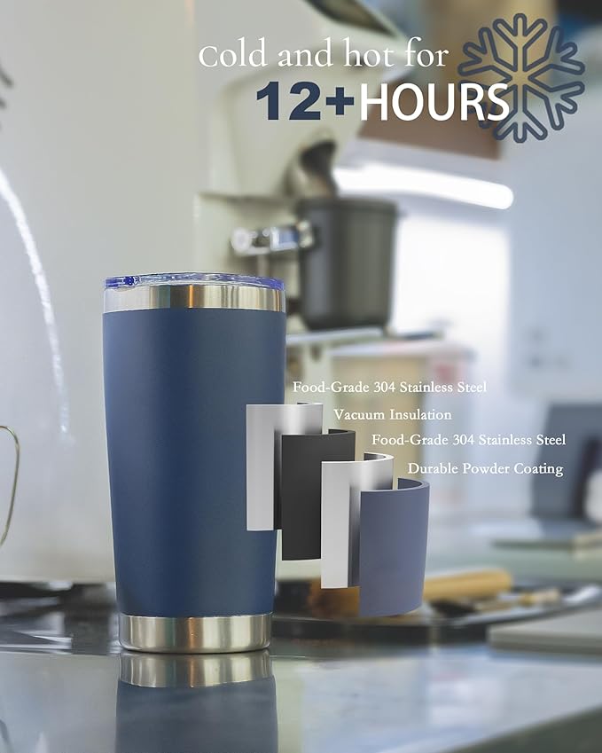 Travel Coffee Tumbler 20oz, 12 Pack Leakproof Travel Coffee Mug with Lid and Straw, Stainless Steel Double Wall Vacuum Insulated Tumbler for Hot/Iced Drinks (Textured Matte, Navy Blue)