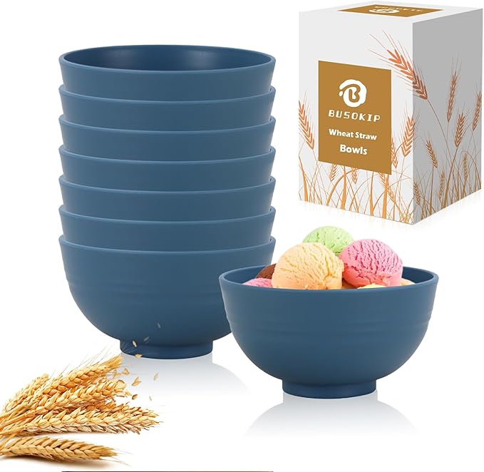 Wheat Straw Bowl 10 OZ - 5 Inch, Unbreakable Small Bowls Set of 8, Dessert Bowl for Kitchen, Camping, Party, Microwave and Dishwasher Safe Mini Bowls for Appetizer, Yogurt (Blue)