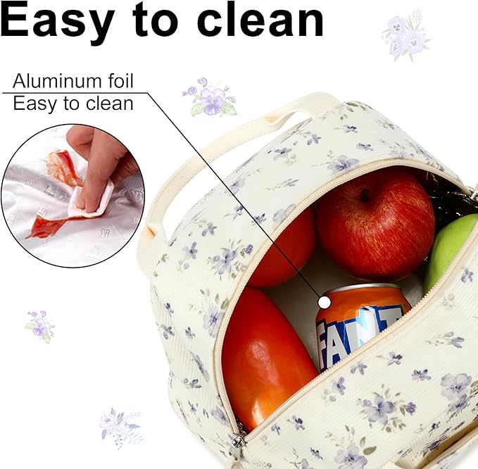 BTOOP Lunch Box for Women Men Cute Corduroy Lunch Bags Large Capacity Insulated Lunch Tote Bag For Work Travel Or Picnic (Grace Purple Flower)