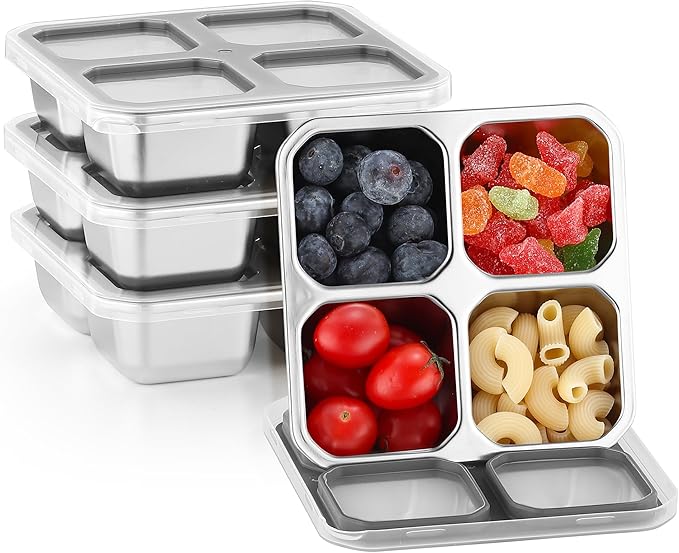 4 Pack Stainless Steel Snack Containers with Lids 4 Compartment Lunch Box for Adults & Kids Meal Prep Bento Box Containers Reusable